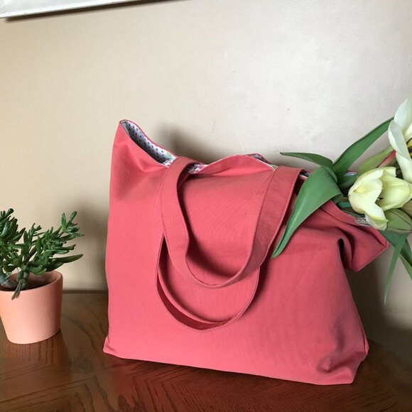 Handmade Women's Coral Canvas Tote Bag, Market Tote Bag, Beach Tote Bag - Picture 1 of 8
